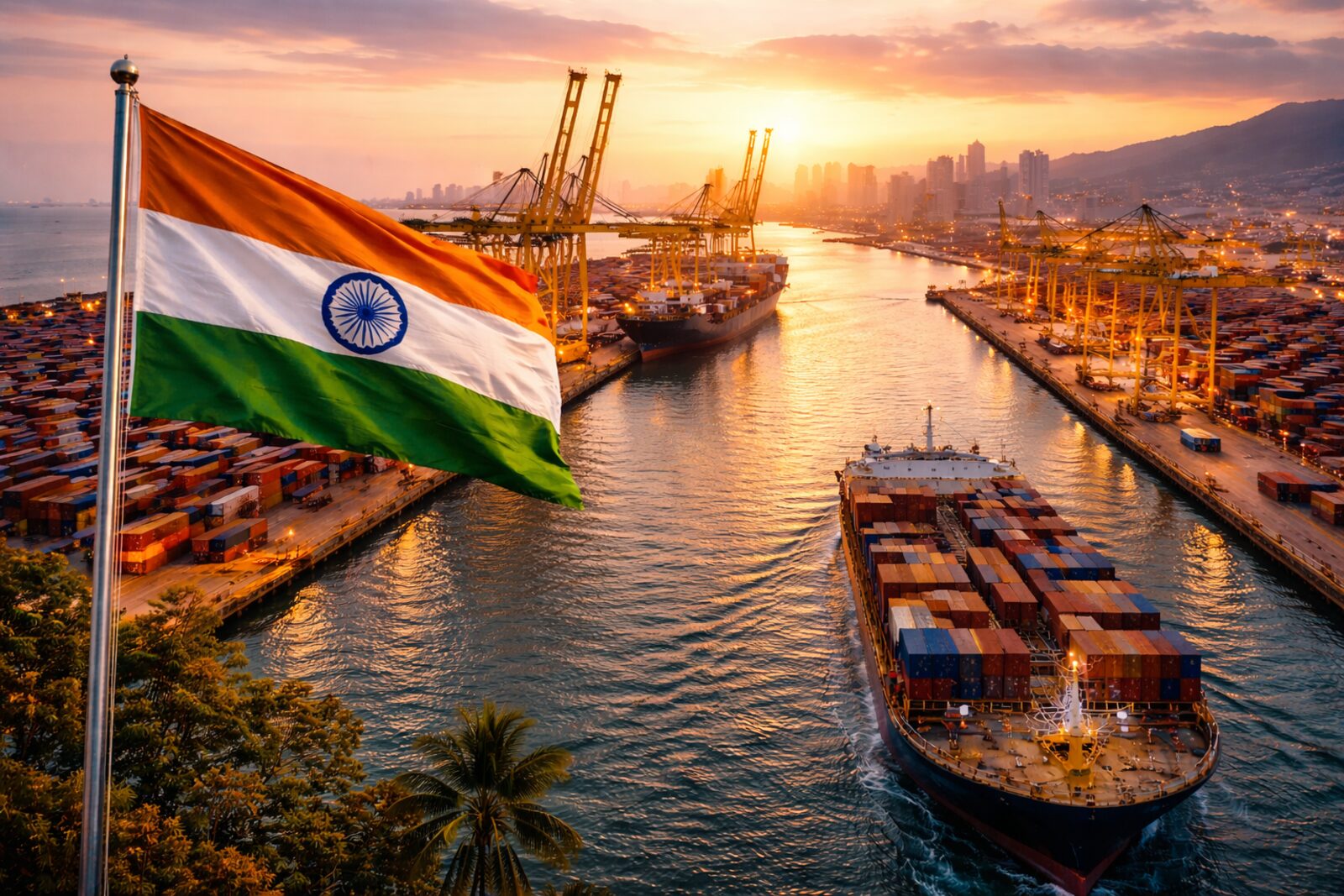 Port of India at sunset with national flag